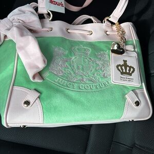Juicy Couture Mint Green and Pale Pink Embroidered Crest Tote
